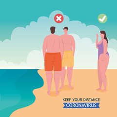 social distancing done in the wrong and correct way on the beach, people keep distance, new normal summer beach concept after coronavirus or covid 19 vector illustration design
