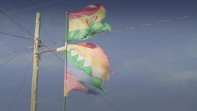 Bolivian and Andina Flags on the wind - South of Bolivia