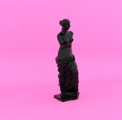 3D rendering of Venus de Milo made of glossy black material on pastel pink background. Ancient statue of Roman Goddess. © local_doctor