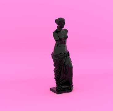 3D rendering of Venus de Milo made of glossy black material on pastel pink background. Ancient statue of Roman Goddess.