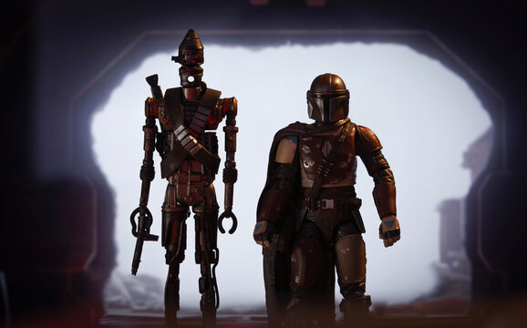 NEW YORK USA - APRIL 22 2020: Recreation of a scene from Star Wars The Mandalorian from Disney Plus - Hasbro action figures