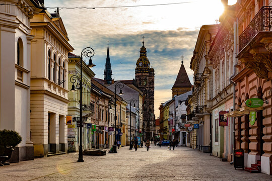 KOSICE, SLOVAKIA - MARCH 25, 2017: Downtown of Kosice (Kassa). Kosice is the 2nd largest city (after Bratislava) in Slovakia with 555,800 people living in metro area.kassa, kosice, slovakia, european,