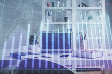 Double exposure of financial graph drawing and office interior background. Concept of stock market.