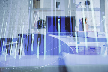 Double exposure of financial graph drawing and office interior background. Concept of stock market.