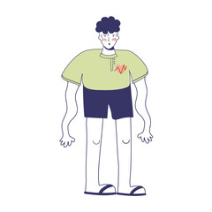 Young man feeling chest pain. Angina and heart attack. Colorful flat illustration. Isolated on white background. illustration with blue outline in cartoon hand-drawn style