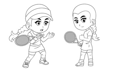 Collection of Cartoon Girl Playing Tennis Ball Used for Coloring Book
