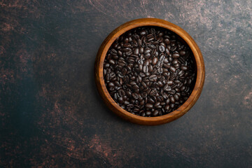 Dark Roast Coffee Beans in a Wooden Bowl