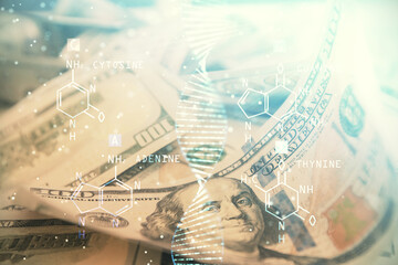Double exposure of DNA drawing over usa dollars bill background. Concept of medical education.