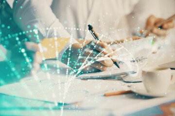 Double exposure of DNA theme drawing over people taking notes background. Concept of medical education