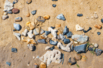 Multi-colored colorful sea pebbles, natural background, texture. Close-up texture of colorful sea pebbles. Sea background and beach