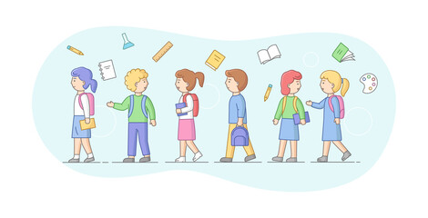 Fototapeta premium Concept Of Back To School. Group Of School Children Or Students Standing In A Row. Smiling Teens Boys and Girls With Backpacks, Books And School Items. Cartoon Linear Outline Flat Vector Illustration