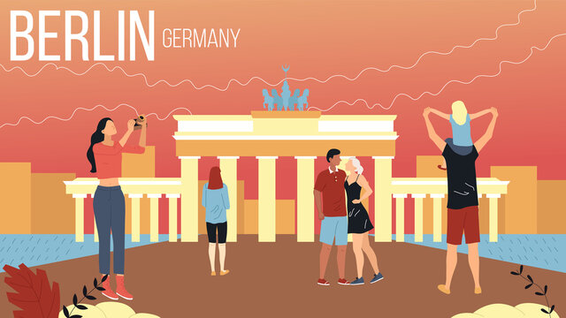 Concept Of Travelling To Berlin, Germany Cityscape With Landmarks. Group Of Tourists Book Tour, Enjoy Views, Take A Photos, Characters Have Good Time Together. Cartoon Flat Style Vector Illustration