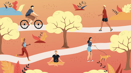 Weekend Time Leisure. People Walk In the Park, Do Yoga, Ride Bicycle, Jogging Riding Roller skates. Active People Do Sport And Have A Good Time. Weekend Active Time. Cartoon Flat Vector Illustration