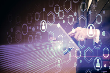 Double exposure of man's hands holding and using a phone and social network theme drawing.