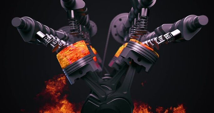 Powerful V8 Engine With Moving Pistons And Crankshaft With Flames. Pistons And Other Mechanical Parts Are In Motion. Ignition And Explosions. Technology And Industry Related 3D Animation.
