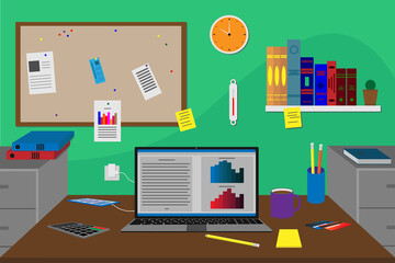 Home office setting of a financial worker with a laptop on their desk viewed from the front flat style vector illustration