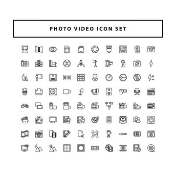 Photo and video icons set with outline style design