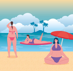Obraz na płótnie Canvas cute plump women in swimsuit in the beach, group women happy in summer vacation season vector illustration design
