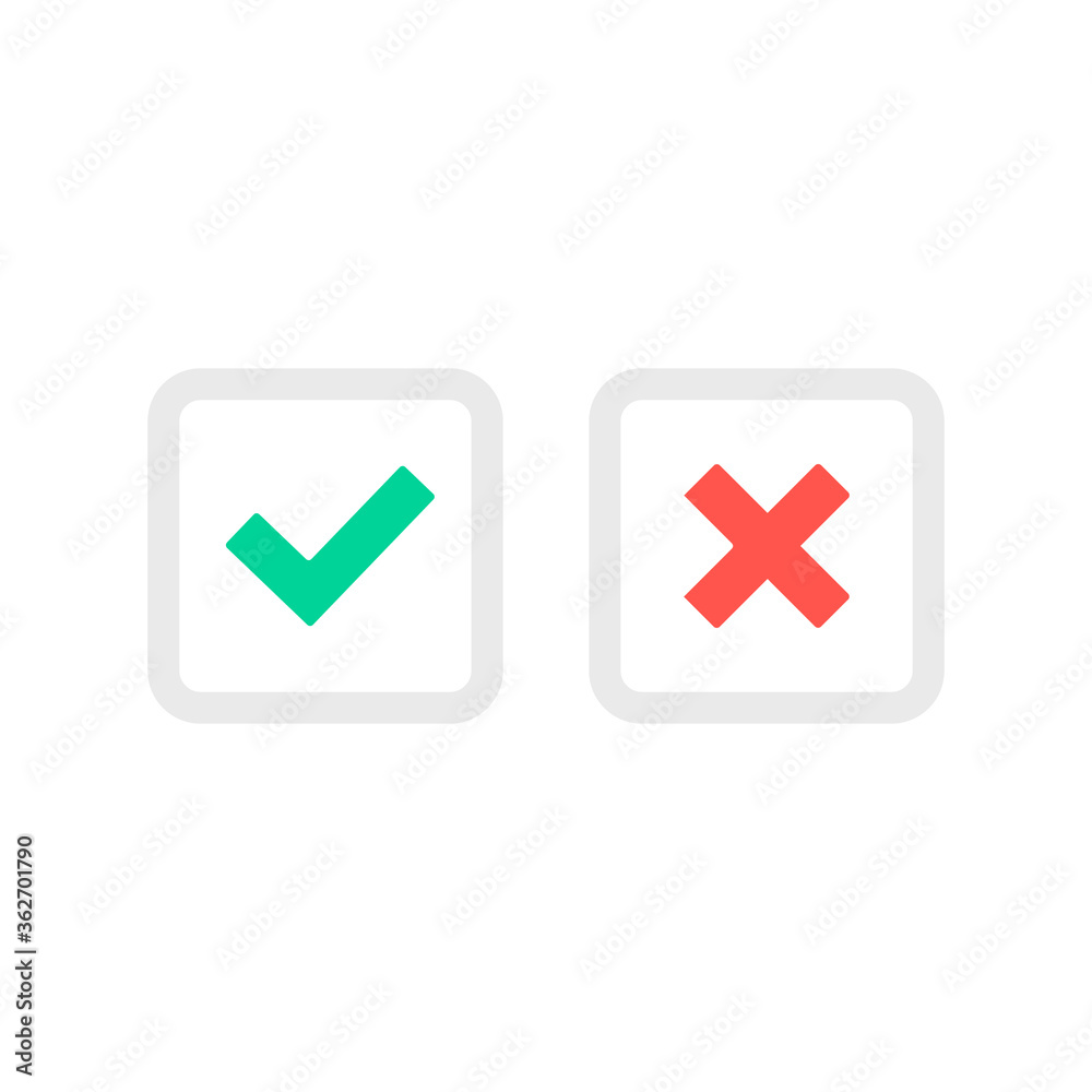 Poster check mark icons. green tick icon and red cross mark with square box. check box, checkbox concepts. 