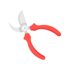 Vector secateurs icon. Red pruning shears, hand pruners, garden scissors. Flat design. Vector illustration isolated on white background