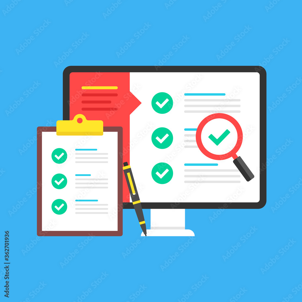 Poster checklist. computer with check list on screen and clipboard with checklist and checkboxes with green