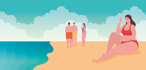 people in swimsuit, men with women in the beach, summer vacation season vector illustration design