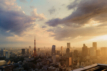 Tokyo Tower cityscape at magic hour, Japan downtown skyline, Architecture and buildings with romantic concept