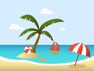 Fototapeta na wymiar vector illustration of summer beach in tropical island with umbrella, ball, boat, and palm tree. summer season background template.