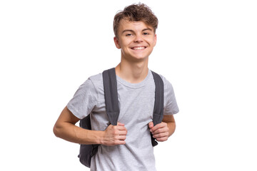 Student teen boy with backpack looking at camera. Portrait of cute smiling schoolboy, isolated on white background. Happy child Back to school. - Powered by Adobe