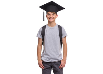 Young graduate student - Happy teen boy in bachelor hat with backpack, isolated on white...