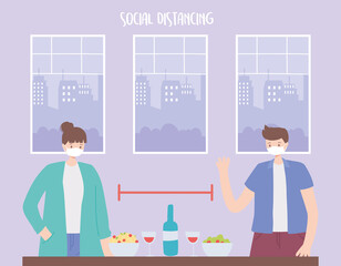 social distancing, people with food and drink keep a safe distance, covid 19 coronavirus