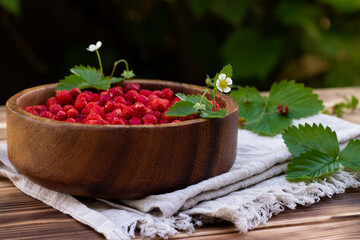 A wooden bowl of red ripe wild strawberries and flowers on old wooden surface.