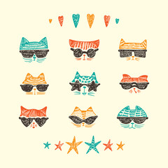 Vector Set of Hand Drawn Doodle Cute Stylish Trendy Hipster Cats with Sunglasses
