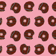 Chocolate donuts seamless repeat pattern. Sweets pattern for wrapping paper packaging and more on pink background