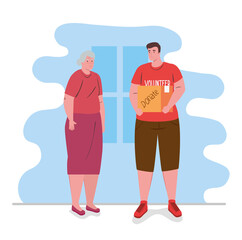 old woman with man volunteer holding donation box, charity and social care donation concept vector illustration design