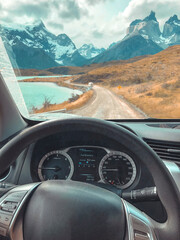 1st person view driving on dirt road in Torres del Paine National Park © Cavan