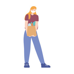 young woman with medical mask and grocery bag with food, prevention covid 19 coronavirus