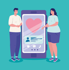 online dating service application, smartphone with heart and couple, modern people looking for couple, social media, virtual relationship communication concept vector illustration design