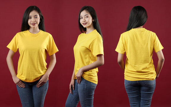 Front portrait with various styles of a young woman. Young woman with a blank yellow tshirt, front and back views, isolated red background with cutouts. Design templates and women's tshirt mockups.
