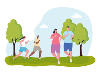 young people marathoners running sportive, women and men, run competition or marathon race poster, healthy lifestyle and sport vector illustration design