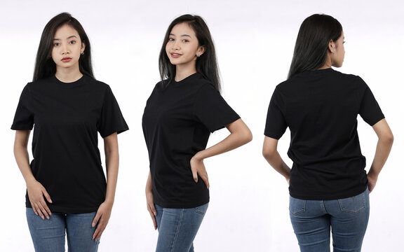 Front portrait with various styles of a young woman. Young woman with a blank black tshirt, front and back views, isolated white background with cutouts. Design templates and women's tshirt mockups.