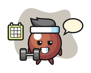 Chocolate ball cartoon doing fitness with dumbbell