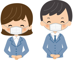 マスクをつけたスタッフ　会社員　スーツ　上半身　笑顔
