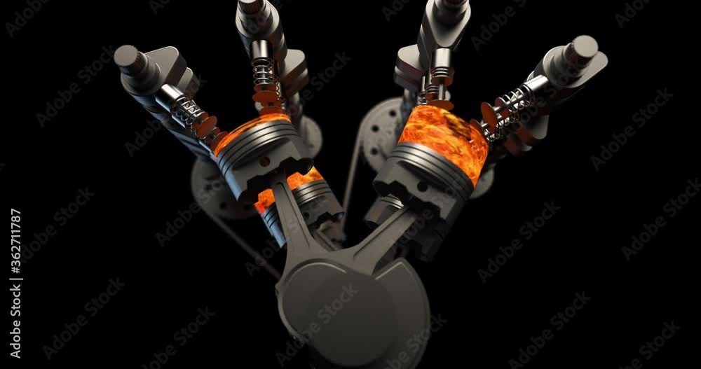 Poster Zooming To Powerful V8 Engine. Pistons And Crankshaft In Motion. Ignition And Explosions. Technology And Industry Related 3D Animation. Luma Channel Available.