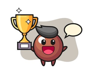 Chocolate ball cartoon happy holding up the golden trophy