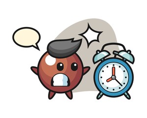 Chocolate ball cartoon surprised with a giant alarm clock
