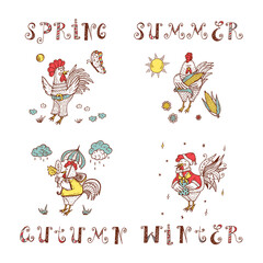 Different Funny Cartoon Roosters Vector Set. Four seasons icons. Times of year. Weather. Hand Drawn Doodle Cocks at different times of year. Rooster symbol of Chinese New Year
