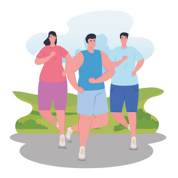 people marathoners running sportive, men and woman, run competition or marathon race poster, healthy lifestyle and sport vector illustration design