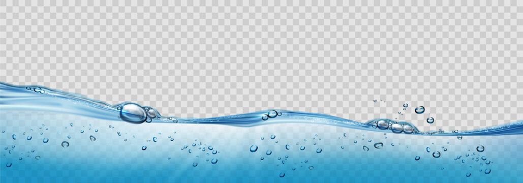 Realistic transparent Water waves with air bubbles and sunbeams on transparent background. Vector illustration