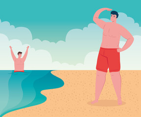 Fototapeta na wymiar beach with men, group men on the beach, summer vacations and tourism concept vector illustration design